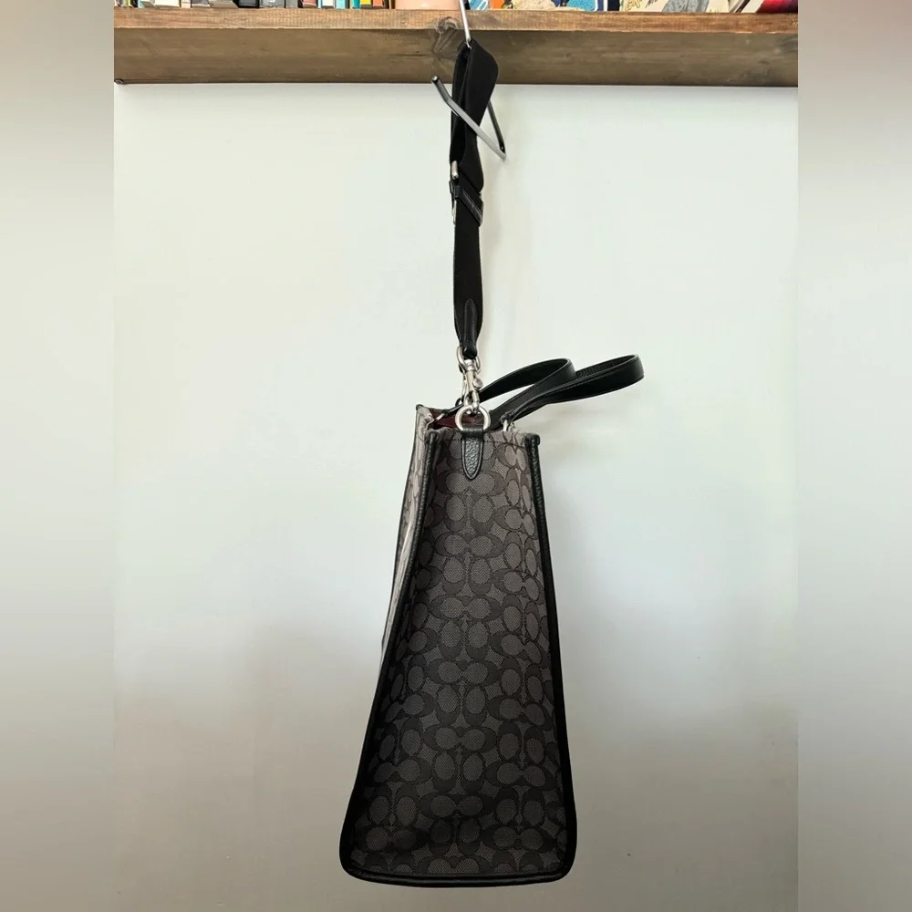 Coach Gray Signature Tote with Black Trim and Burgundy Interior